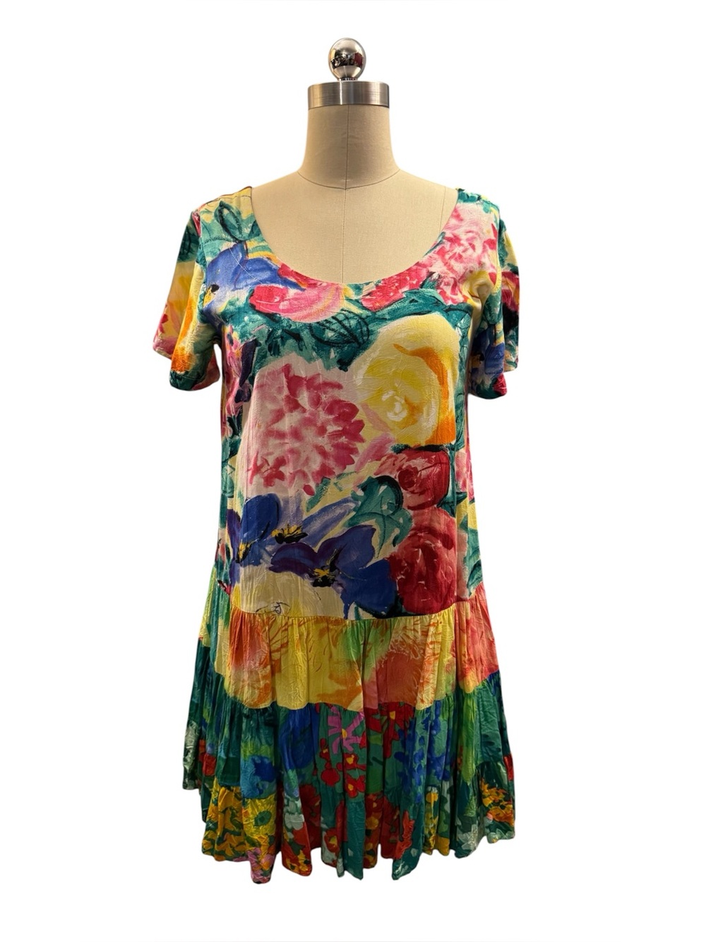Jam’s World Hattie Dress XS 100% Rayon Hawaiian Art Print Tiered Ruffle Mini